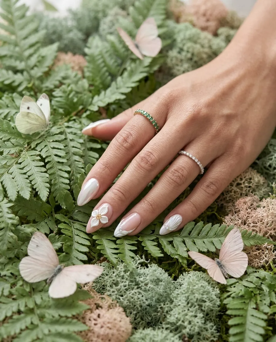 Mano con uñas nude entre hojas de helecho