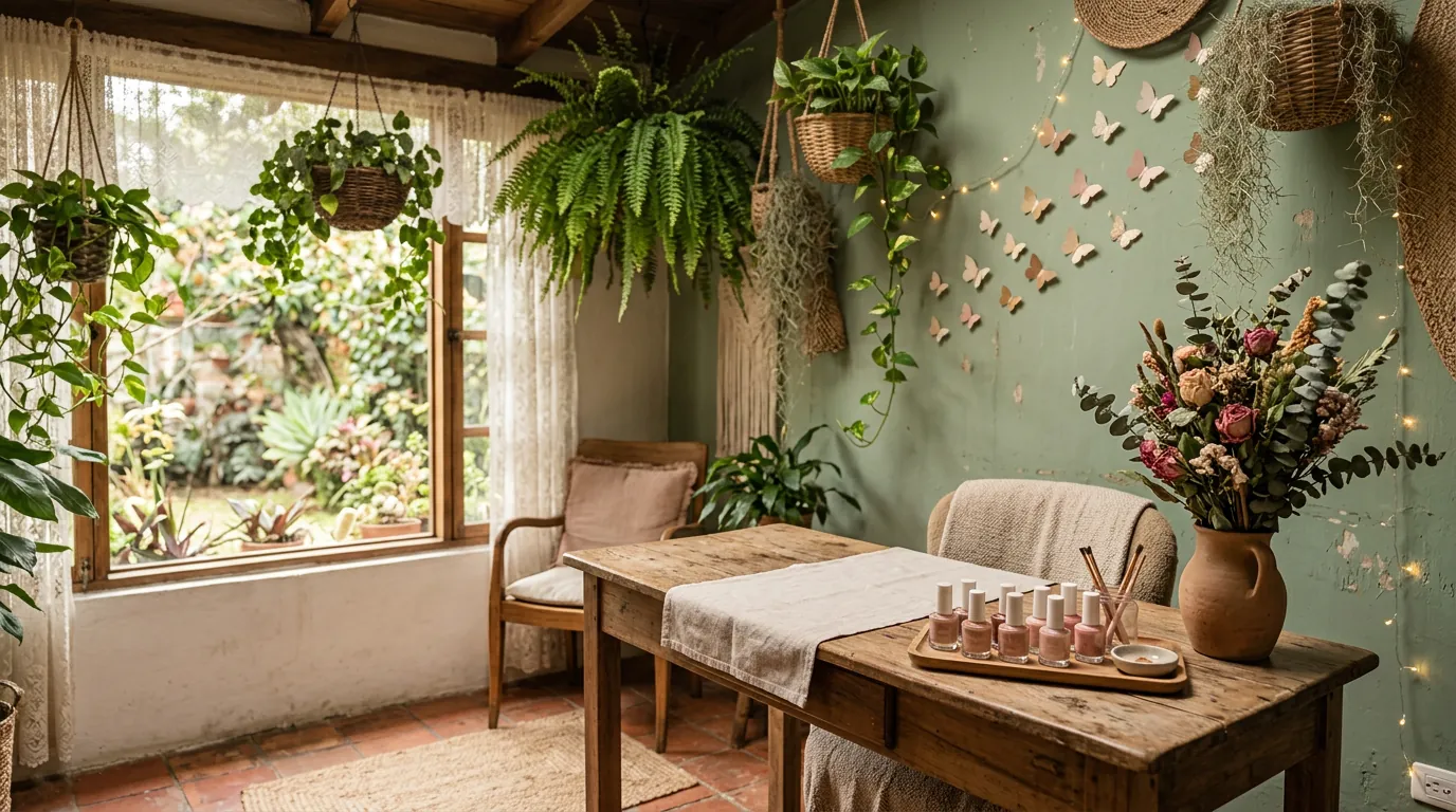 Rincón del spa con helechos colgantes, mesa de manicure de madera y esmaltes rosados